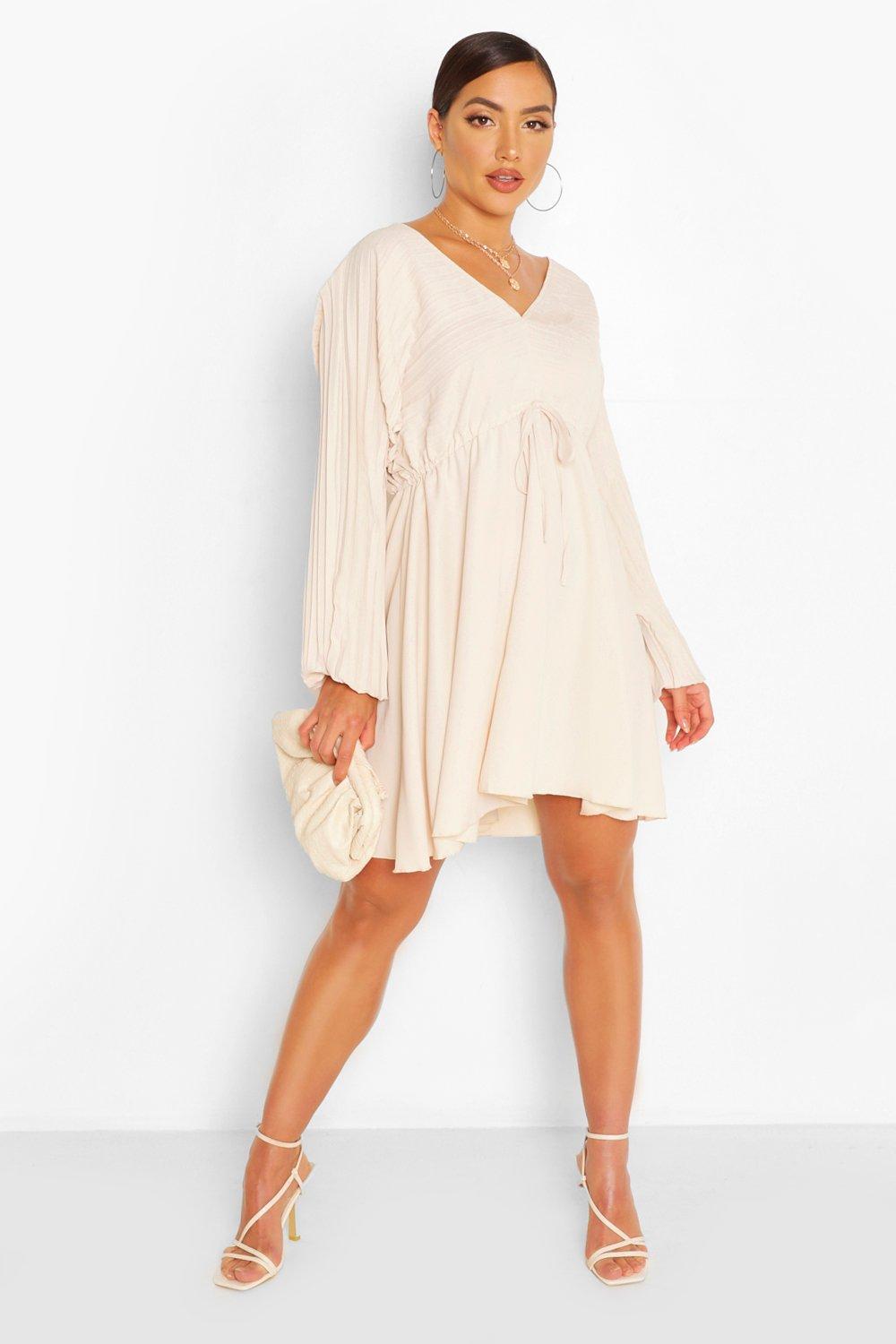 Batwing Pleated Plunge Skater Dress